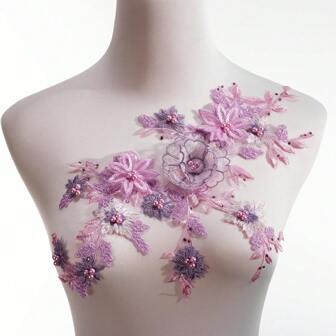 1 件彩色 3D 花朵串珠刺绣网布贴片，适用于婚纱装饰