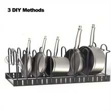 1 pieza Organizador de estante para ollas, Organizador de 8 niveles para ollas y sartenes para organización y almacenamiento de cocina, Soportes ajustables para tapas de ollas y estante para sartenes, Organizador de tapas para ollas y sartenes con 3 métodos de bricolaje - Negro - Ver 8