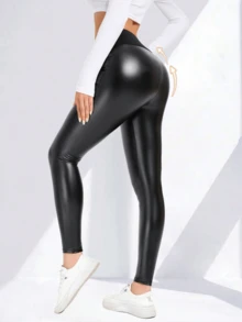 חותלות שחורות מעור PU Slim Fit Stretch לנשים - שחור - ראה 4