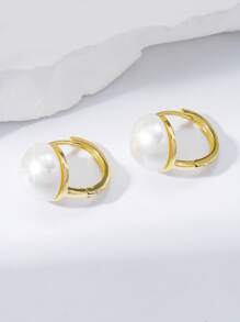 1 Pair Elegant Semi-Circular Pearl Clip-On Earrings, Minimalist & Versatile Accessory For Women, Suitable For Festivals