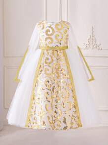 Young Girls Round Neck Sequin Gold Ribbon Mesh Elegant White Flower Girl Princess Dress, Suitable For Holidays, Parties, Family Events (Headband Not Included) - 白色 - 查看 3