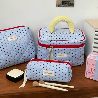 1个/2个蓝色心形化妆包，便携式女士化妆包，大容量手持化妆收纳包，旅行化妆包，女士三件套化妆包，可收纳口红、眼霜、眼影盘和护肤品，适合假日旅行、演出派对、居家使用，情人节、妇女节、生日的最佳礼物，波西米亚风格，适合海滩、浴室、卧室，大容量