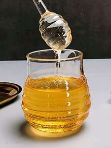 1pc Transparent Glass Honey Jar With Lid And Mixing Stick, Creative Glass Storage Pot - Clear - View 3