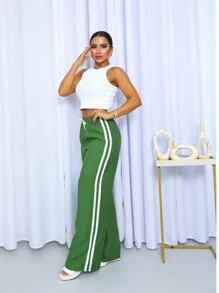 Striped Palazzo Pants - 橄欖綠 - 查看 3