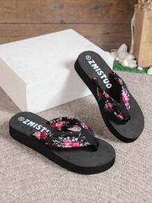 女士时尚简约舒适休闲黑色花朵平底沙滩人字拖凉鞋 - 黑色 - 查看 5