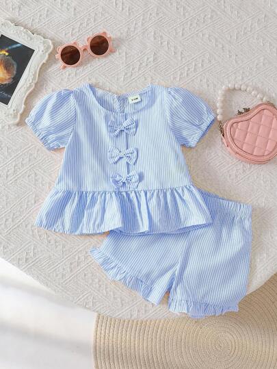 2pcs/Set Baby Girls Casual Striped Top With 3D Bow & Lace Trim Shorts, Sweet Cool Style, Cute Streetwear For Outdoor Play