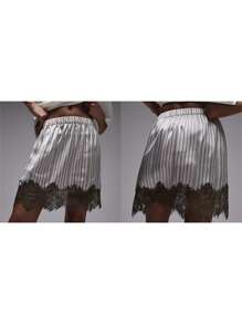 Women's Fashion Mini Skirts Stripe Lace Patchwork Elastic Waist Short Skirts Summer Casual Skirts - Ngà voi - Xem 2