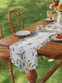 1pc Polyester Decorative Table Runner, Elegant Colorful Embroidery & Cutout Butterfly & Flower Pattern, Suitable For Kitchen, Dining Table, Room Decor, Dressing Table, Coffee Table, Book Desk, Anti-Hot Anti-Stain Table Mat, Home Decor, For Indoor Outdoor, Party, Wedding - Blue - View 9
