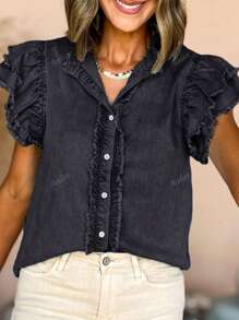 Acelitt Fashionable Casual Sleeveless Ruffle Fringe Denim Crop Top