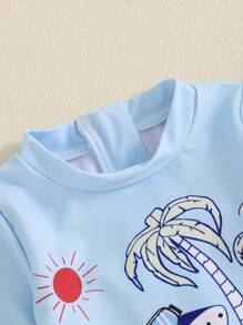Kid Boys Rash Guard Swimsuit Set - Sun Pattern Long Sleeve Top With Shark Shorts And Swim Hat - Baby Blue - View 2
