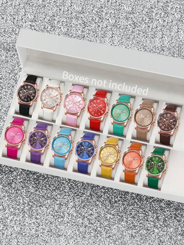 14 pièces Lot de montres-bracelets à quartz avec bracelet de couleur bonbon pour femmes, cadran mode décontracté avec chiffres romains, boîte de montre non incluse