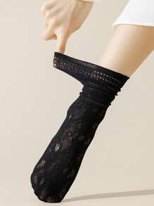 1/3 Pairs Women Lace Frill Trim Thin Summer Mesh Hollow Out Mid-Calf Socks, White, Breathable, Versatile, Fall - Multicolor - View 9