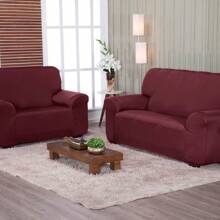 Sofa Cover Fitted 2 And 3 Seater Plain Spandex Fabric + Fasteners - Burgundy - View 1