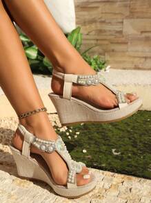 Beige Platform Sandals, Women's Summer Wedge Thick Bottom Sandals With Buckle Hollow Out Handmade Beaded Woven Lightweight Fashionable Holiday Roman Sandals, Boho Platform Shoes - Beige - View 7