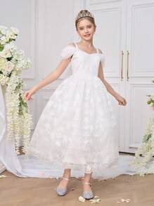 Abito da damigella d'onore per ragazze pre-adolescenti con mantella, morbido e ricamato, elegante abito bianco da cerimonia, comunione, compleanno e ballo