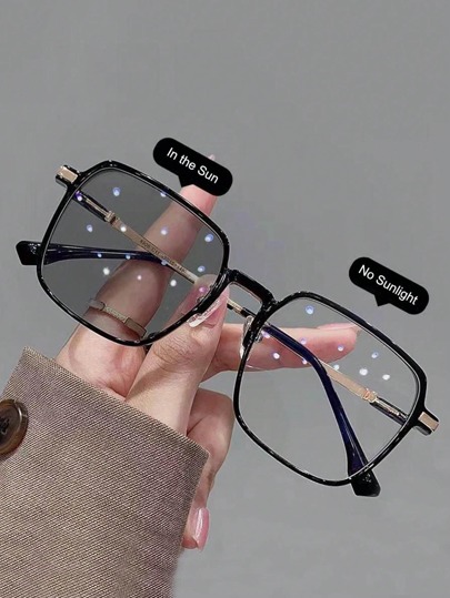 1pc Plus Size Square PC Frame Metal Leg Casual Color Changing Fashion Non-Prescription Glasses, Suitable For Driving, Indoor And Outdoor Wear