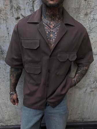 男士夏季短袖衬衫，翻领，多口袋，休闲工作服