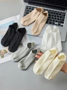 5 Pairs Women's Solid Color Rib Ankle Liner Short Invisible Socks, Thin Breathable Non-Slip Hidden Boat Socks For All Seasons