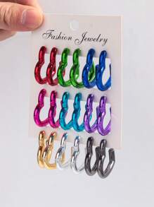 1 Set Of 9 Pairs Fashion Metal-Color Acrylic Asymmetrical C-Shape Hoop Earrings Set, Suitable For Daily Wearing For Women