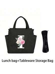 2 pièces/Set Sacs isothermes imprimés avec lettres A-Z et boîte de rangement pour couverts, sac à lunch à double poche