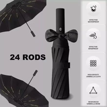 24Ribs~Strong Automatic Umbrella Windproof Stormproof Compact Folding Umbrella - Black - View 2