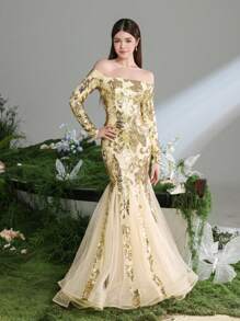 Vestito elegante da ragazza adolescente con spalle scoperte, maniche lunghe, per occasioni formali, con orlo a sirena in tulle ricamato - Champagne - Visualizzare 7