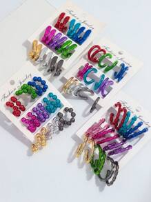 1 Set Of 9 Pairs Fashion Metal-Color Acrylic Asymmetrical C-Shape Hoop Earrings Set, Suitable For Daily Wearing For Women