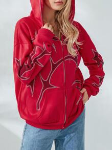 Women Loose Fit Sweatshirt Casual Print Zip Up Hoodies Long Sleeve Jacket With Pockets Autumn Streetwear - Red - View 5