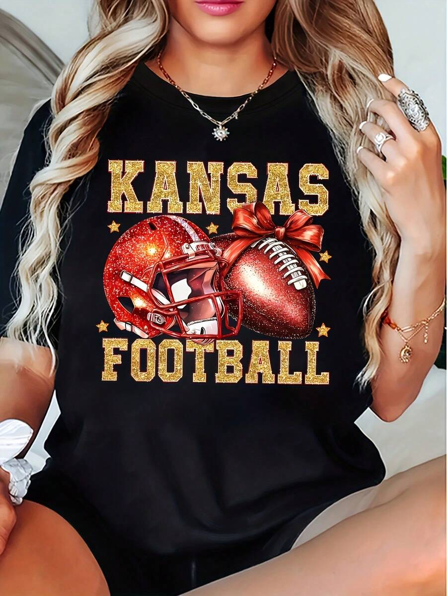 Kansas Football Graphic Print T-Shirt, Casual Crew Neck, Polyester Knit Fabric, Regular Length, With Helmet & Bow Design, For All Seasons - Black - View 1