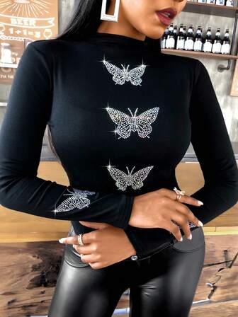 ChicMe Blusa de mujer de manga larga con cuello alto, ajustada, con mariposa y pedrería, para uso casual, de oficina o de fiesta