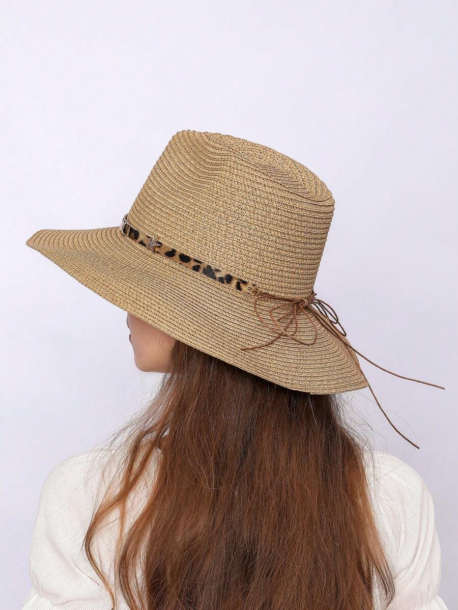 1pc Women Wide Brim Leopard Print Panama Straw Beach Hat With Ribbon - Khaki - View 1