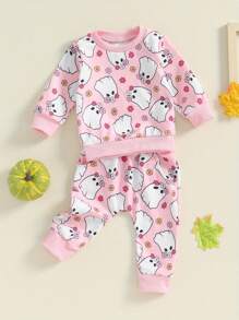Baby Girl Halloween Outfits Long Sleeve Pumpkin/Skull Print Tops + Pants Set Toddler Clothes