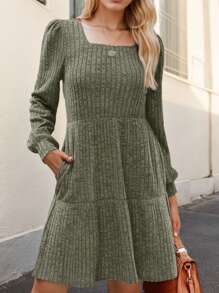 tooluck Dresses For Women,Sweater Dresses For Women,Casual Dresses For Women,Womens Square Neck Long Sleeve Fall Dresses Casual Babydoll Sweater Dress - 軍綠色 - 查看 3