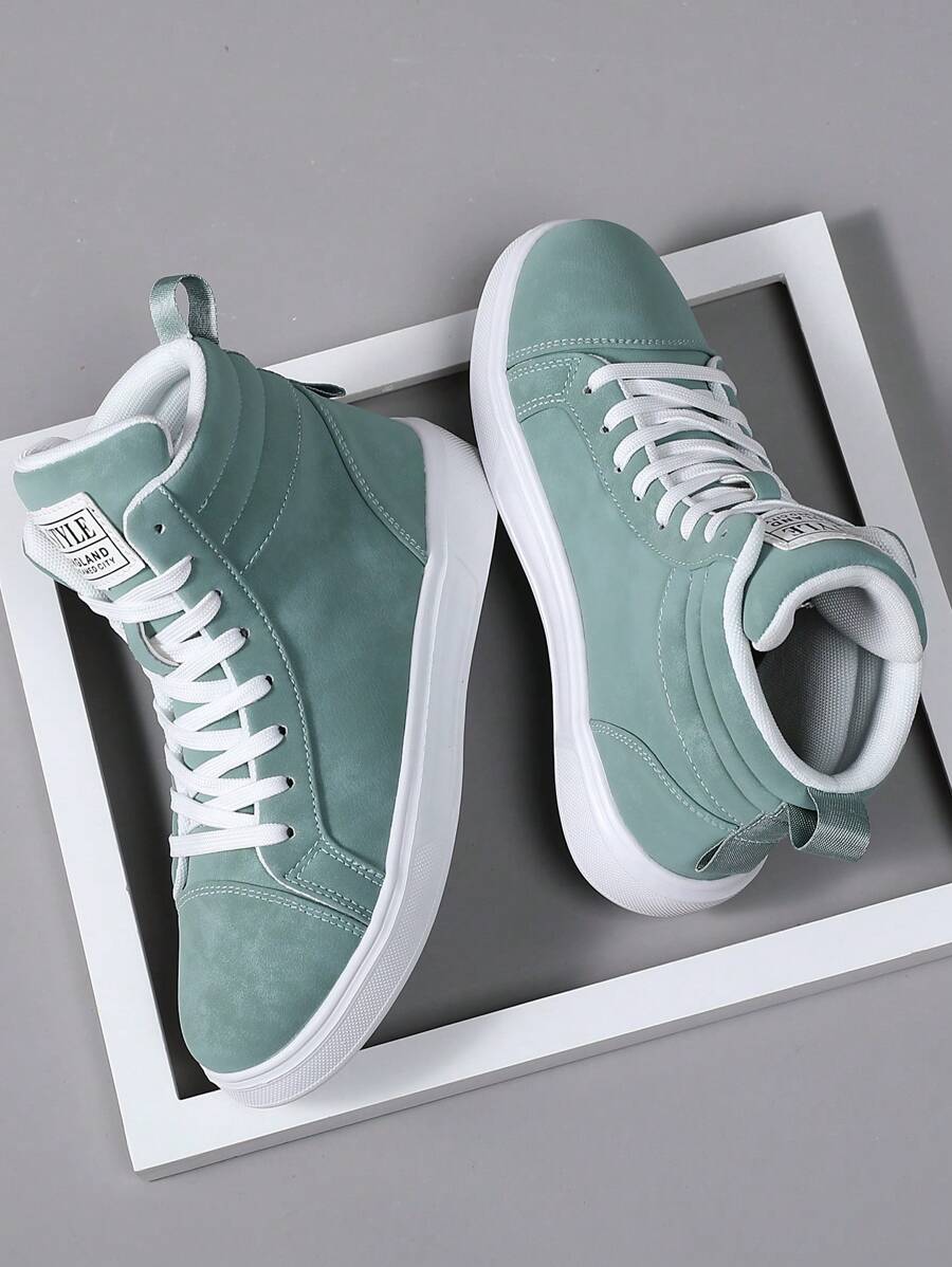 Men's Fashionable High-Top Lace-Up Casual Sport Shoes, With Lettering Print,Lightweight Versatile Stylish Sneakers, Jade Green Classic High-Top Canvas Shoes, Suitable For Outdoor Hiking And Street Wear, All Season, Comfortable - Green - View 1