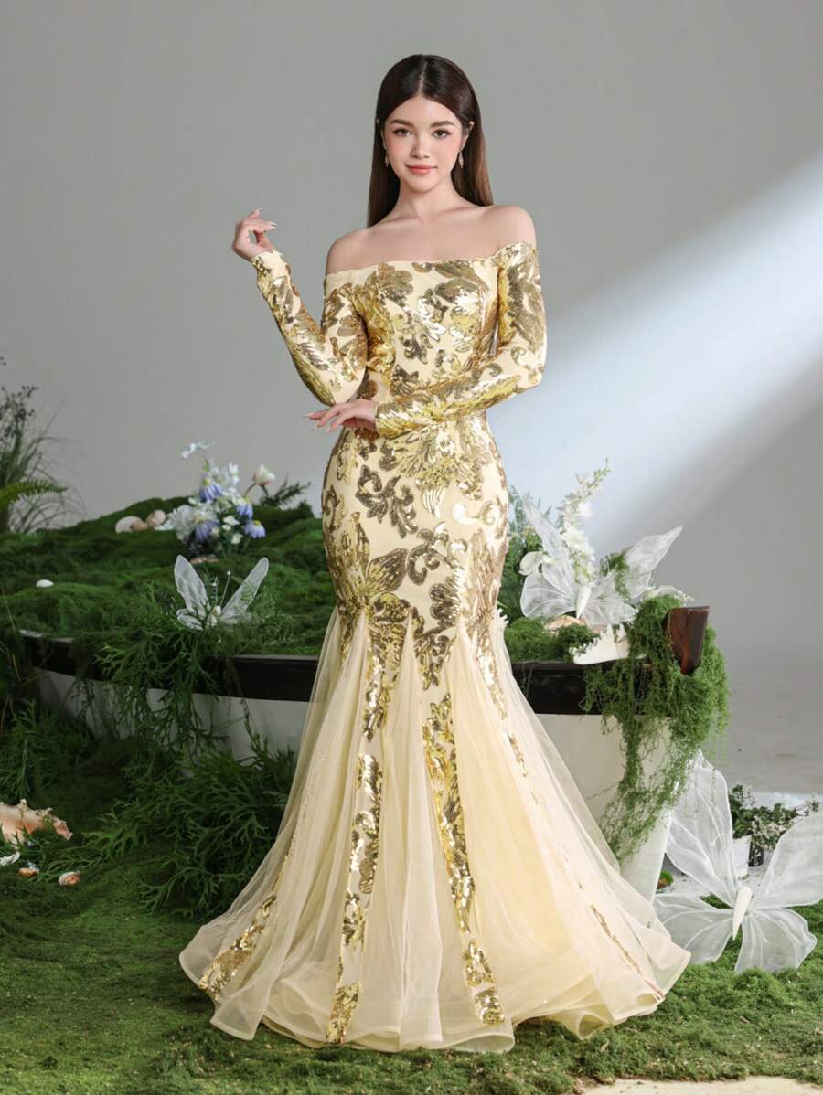 Vestito elegante da ragazza adolescente con spalle scoperte, maniche lunghe, per occasioni formali, con orlo a sirena in tulle ricamato - Champagne - Visualizzare 1