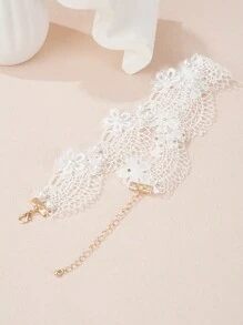 1 件法式复古风格蕾丝和人造珍珠可调节颈链，适合日常佩戴和派对 - 白色 - 查看 3
