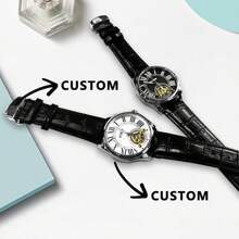 [定制] KUERST 品牌 2025 新品表壳侧面定制文字/带扣男士自动机械表带镂空指针/陀飞轮设计，时尚高端优雅精致定制时计，适合作为婚礼礼物/生日/毕业典礼/父母节/新年/复活节/周年纪念礼物 - 黑色 - 查看 2