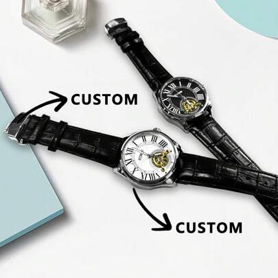 [Custom-Made]KUERST Brand 2025 New Arrival Anpassad text på fodralsidan/spänne Automatisk mekanisk klocka för män med skelettpekare/tourbillondesign, moderiktig exklusivt elegant sofistikerad anpassad klocka, lämplig som bröllopsfavorit/födelsedag/examen/förälderspresent/nyårsdag/nyår