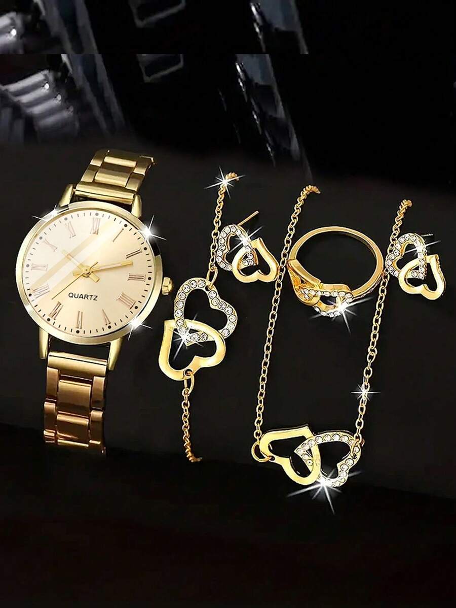 1 件女式手表石英表和 5 件手链项链戒指耳环套装