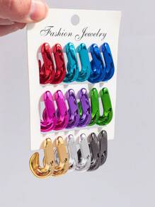 1 Set Of 9 Pairs Fashion Metal-Color Acrylic Asymmetrical C-Shape Hoop Earrings Set, Suitable For Daily Wearing For Women