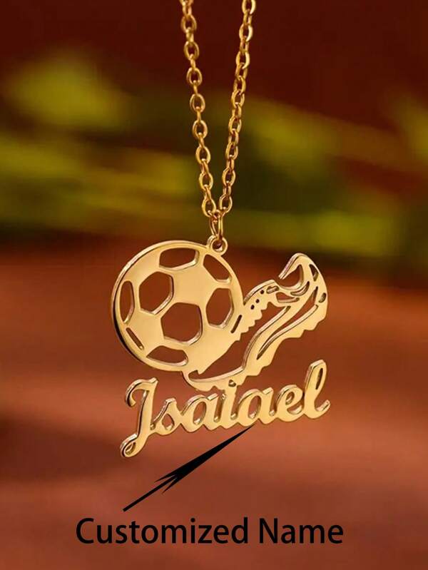 Style minimaliste, collier pendentif personnalisé avec studs en forme de ballon de football et de chaussure - Nom anglais personnalisé, en acier inoxydable doré, cadeau de bijoux de sport d'anniversaire et de vacances, collier de football, cadeau parfait pour les coéquipiers et la famille