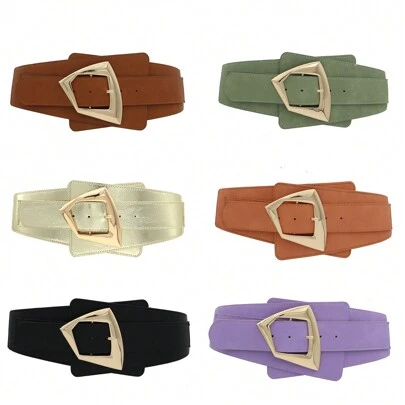 1件装女士束胸腰带，棕色，宽弹力腰带，金色搭扣，复古风格，适合搭配女士连衣裙，时尚束腰，复古弹力腰带，适合搭配女士连衣裙，西式服装腰带配饰