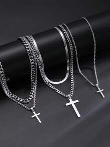 1-5 Pieces Casual Hip-Hop Stainless Steel Cross Pendant Multi-Layer Chain Necklace Suitable For Men's Couples Daily Wear Dating Party Birthday Gift For Boyfriend - Silver - View 1
