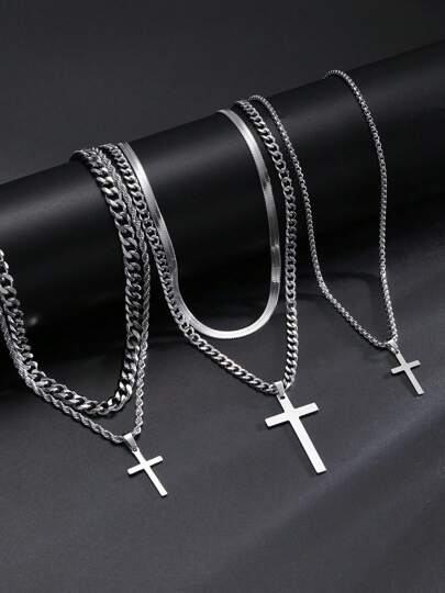 1-5 Pieces Casual Hip-Hop Stainless Steel Cross Pendant Multi-Layer Chain Necklace Suitable For Men's Couples Daily Wear Dating Party Birthday Gift For Boyfriend