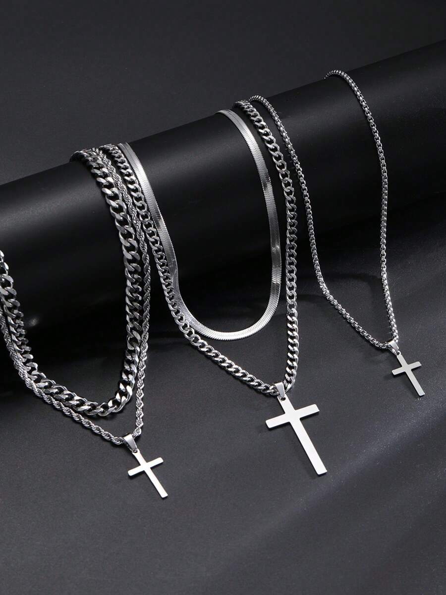 1-5 Pieces Casual Hip-Hop Stainless Steel Cross Pendant Multi-Layer Chain Necklace Suitable For Men's Couples Daily Wear Dating Party Birthday Gift For Boyfriend - Silver - View 1
