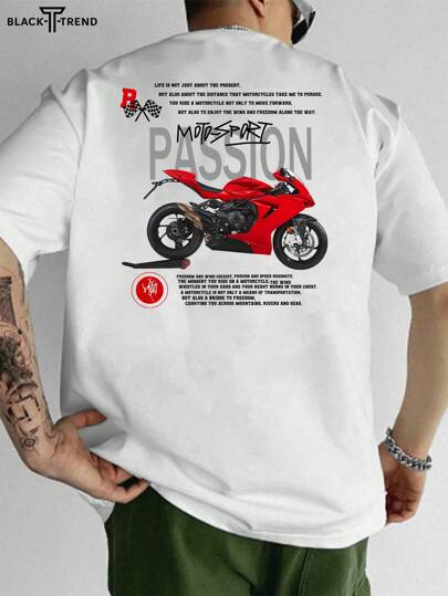 男士新款赛车休闲个性化字母印花短袖T恤，搭配休闲裤，适合旅行/度假/户外露营/运动，国际赛车