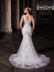 QOQ Váy dài nữ cổ chữ V sâu không tay màu trắng thanh lịch lãng mạn có lưới và sequin cho đám cưới, cô dâu - trắng - Xem 2