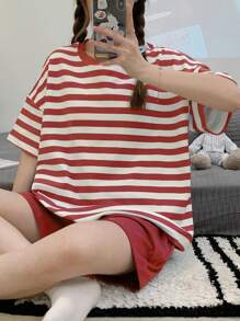 AICJ 2pcs Women Casual Set, Spring/Summer, Drop Shoulder Striped Short Sleeve Shirt & Shorts, Comfortable Loungewear, Suitable For Indoor/Outdoor Use, Two Pieces Set