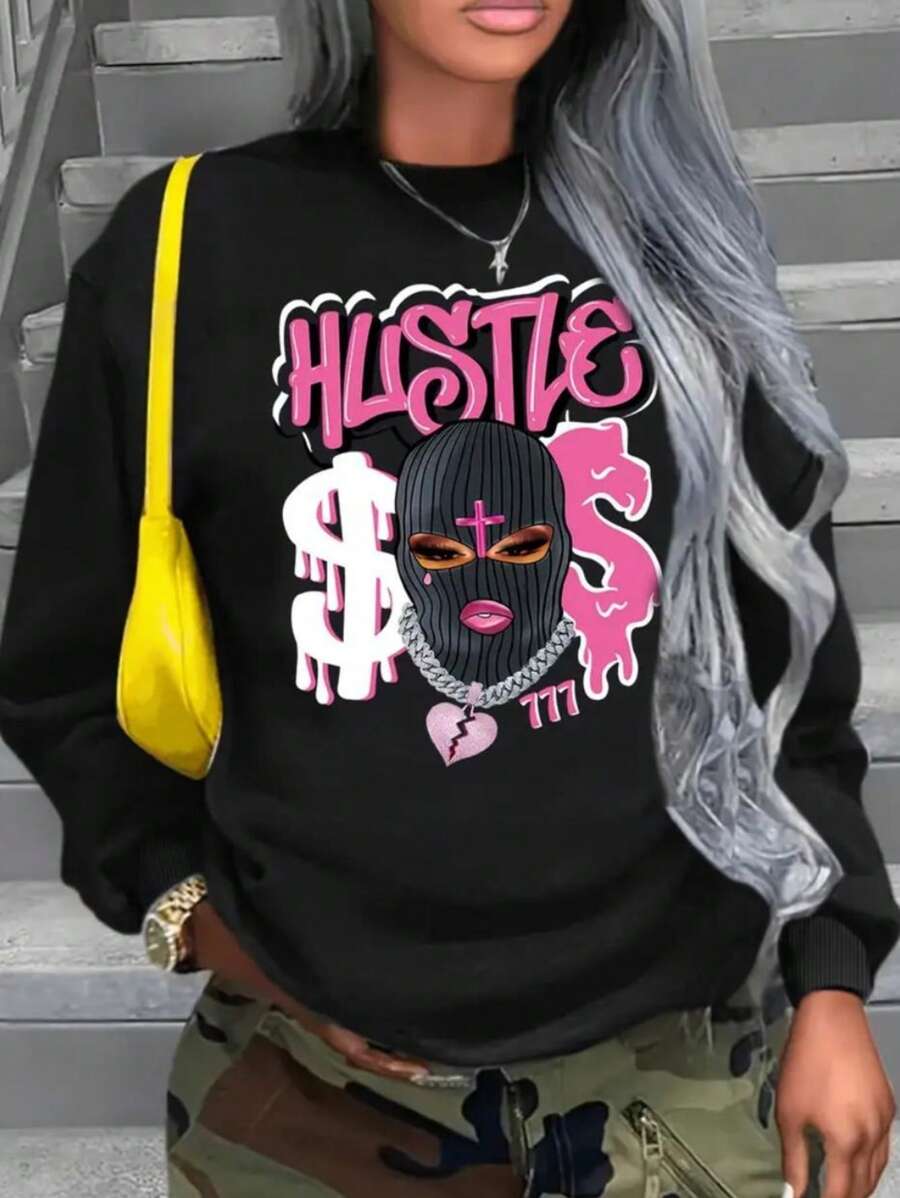 Moletom Feminino Gola Careca Estilo Plus Size Modelo: "Hustle S.O.S Bandida" - Lançamento ESPECIAL 2025 - Preto - Visão 1