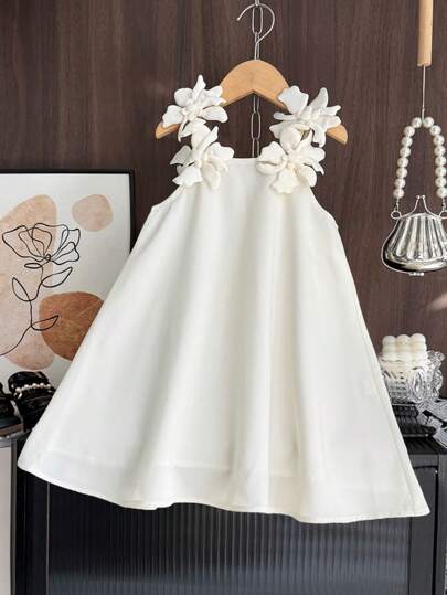 Summer Cute Woven Fabric Solid Color Camisole Dress For Girls